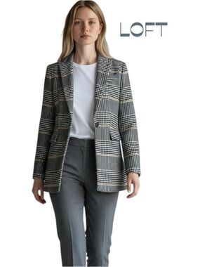 LOFT Women's Black White Plaid Academia Blazer NWOT Size 2P